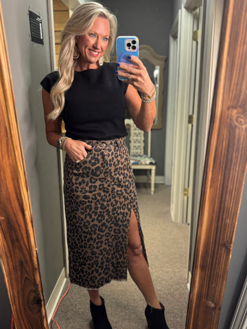 Leopard Denim Split Skirt