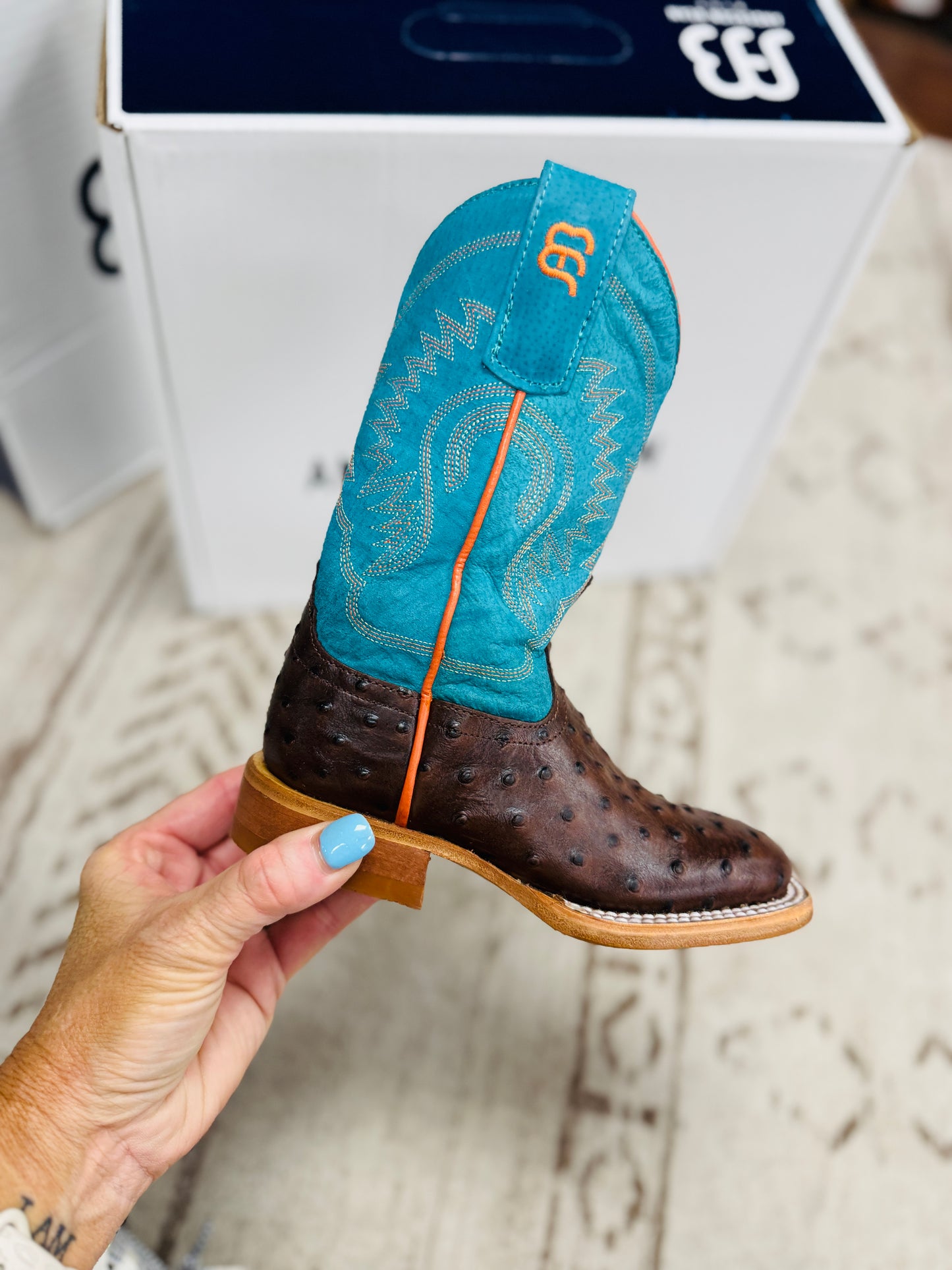 Anderson Bean Kids Chocolate Impostrich Turquoise Sinsation Top Cowboy Boots