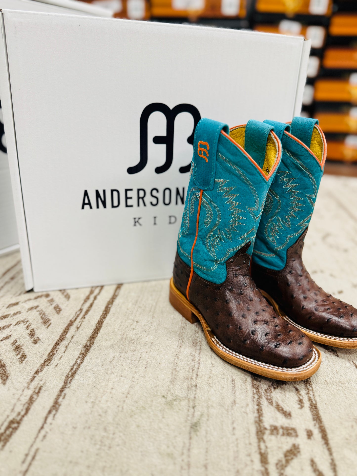 Anderson Bean Kids Chocolate Impostrich Turquoise Sinsation Top Cowboy Boots