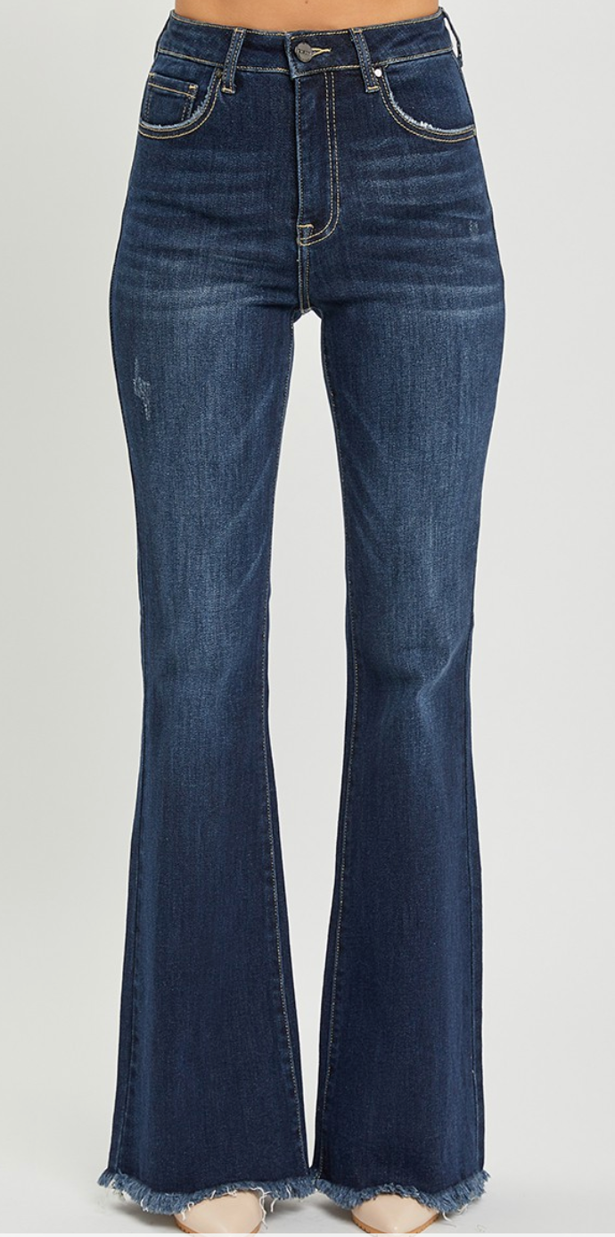 Risen High Rise Vintage Frayed Hem Flare Jeans