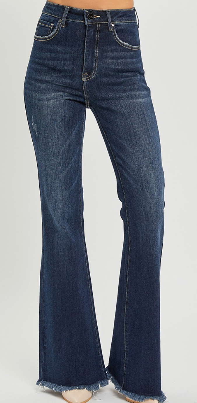 Risen High Rise Vintage Frayed Hem Flare Jeans