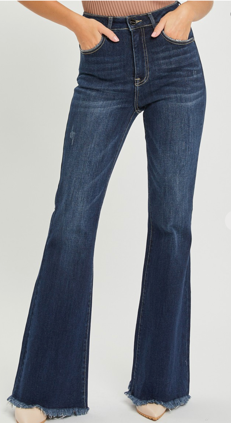 Risen High Rise Vintage Frayed Hem Flare Jeans