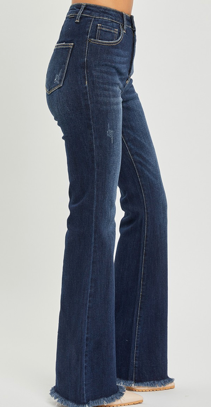 Risen High Rise Vintage Frayed Hem Flare Jeans