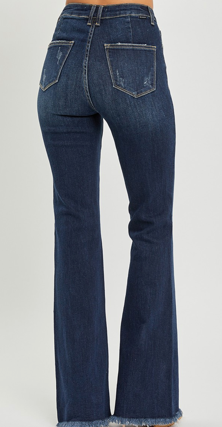 Risen High Rise Vintage Frayed Hem Flare Jeans