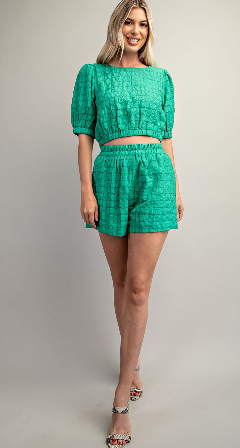 Puff Sleeve Top and Textured Waist Band Shorts