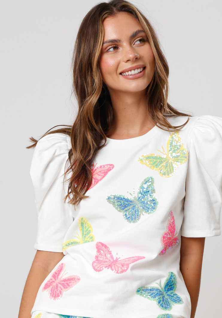 Sequin Butterfly Puff Sleeve Tee