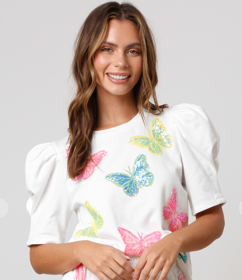 Sequin Butterfly Puff Sleeve Tee