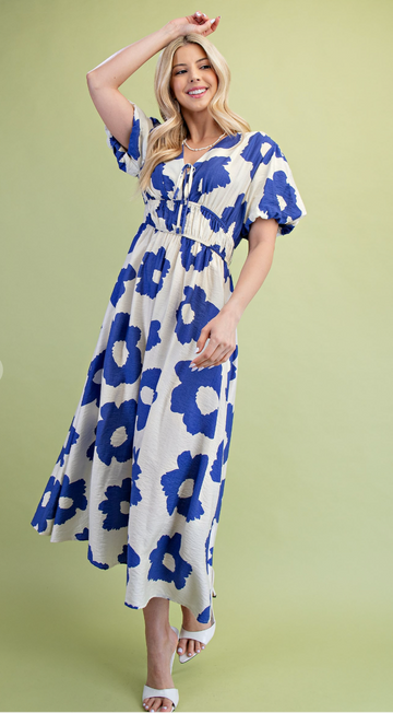 Blue Floral V-Neck Dress