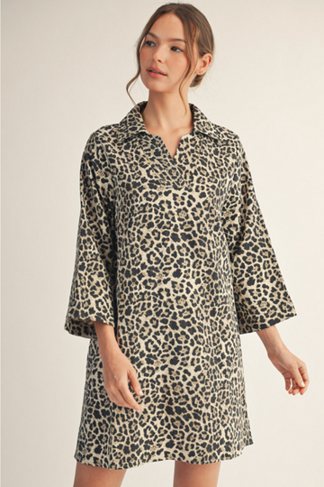 Leopard Print Collared Shift Dress