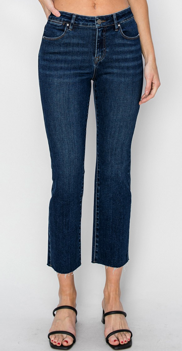 Mid Rise Raw Edge Hem Straight Jeans