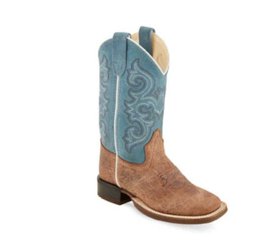 Old West Tan/Turquoise Children Boys Leather Cowboy Boots