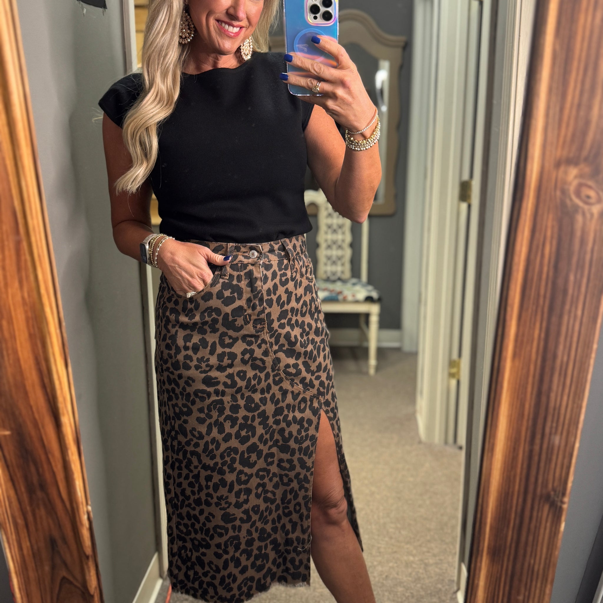 Leopard Denim Split Skirt