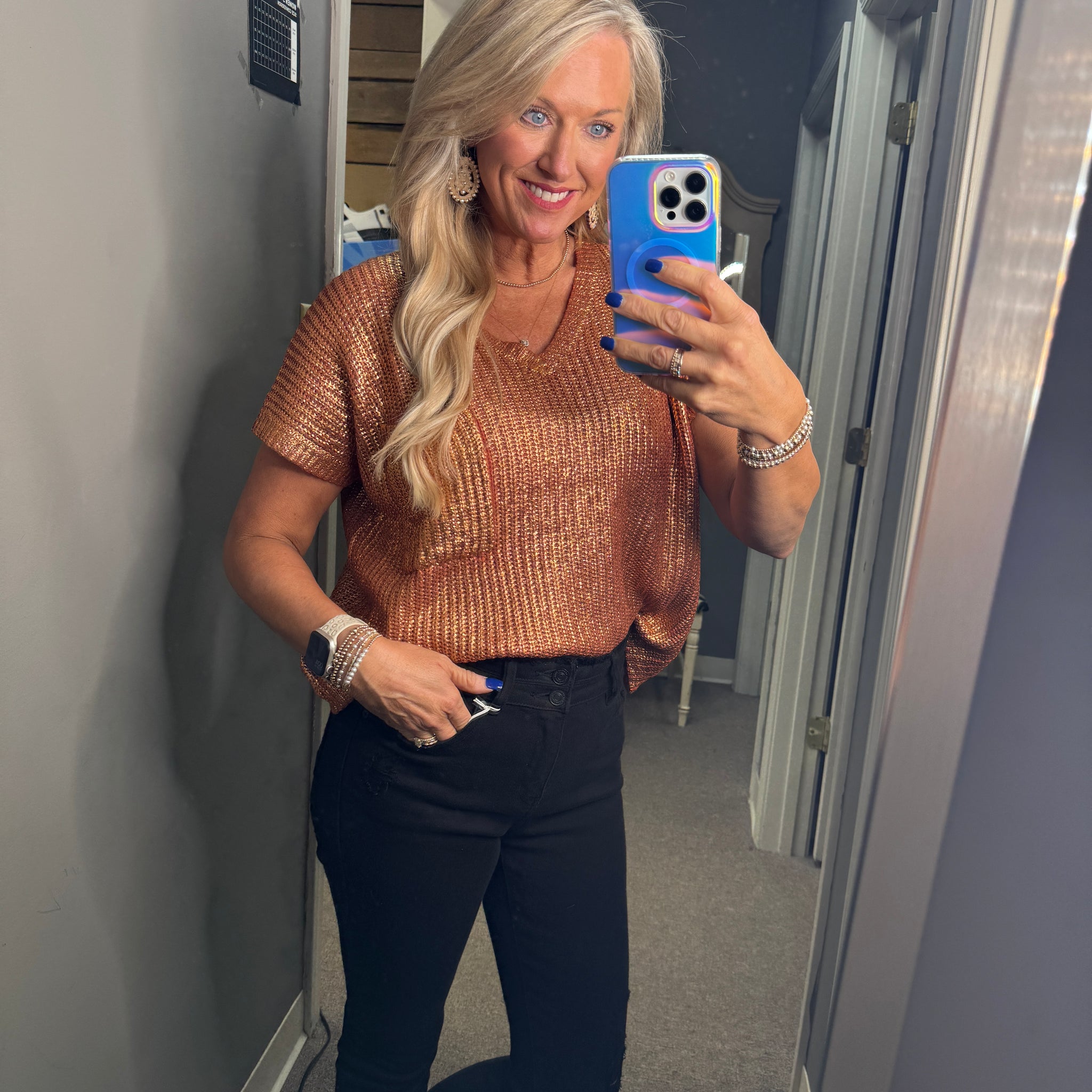 Metallic Coated Sweater Top