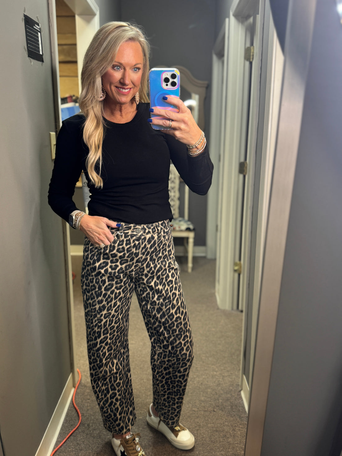 High Rise Leopard Print Barrel Jeans