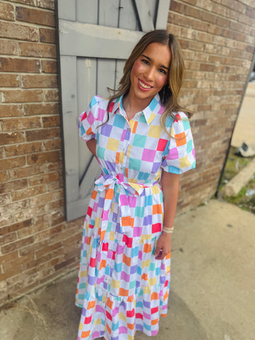 Joyful Rainbow Checkered Maxi Dress