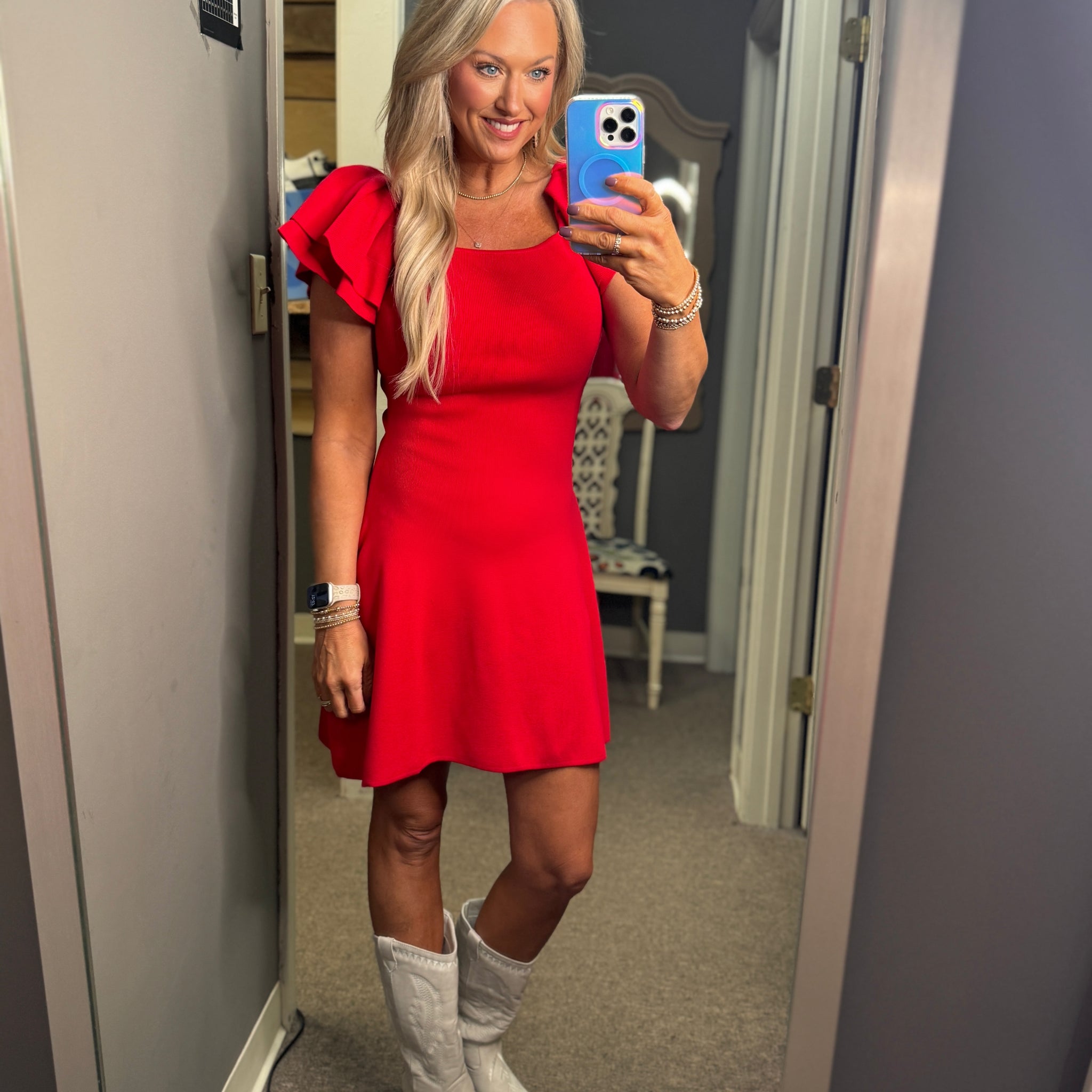 Game Day Ruffle Ribbed Knit Dress