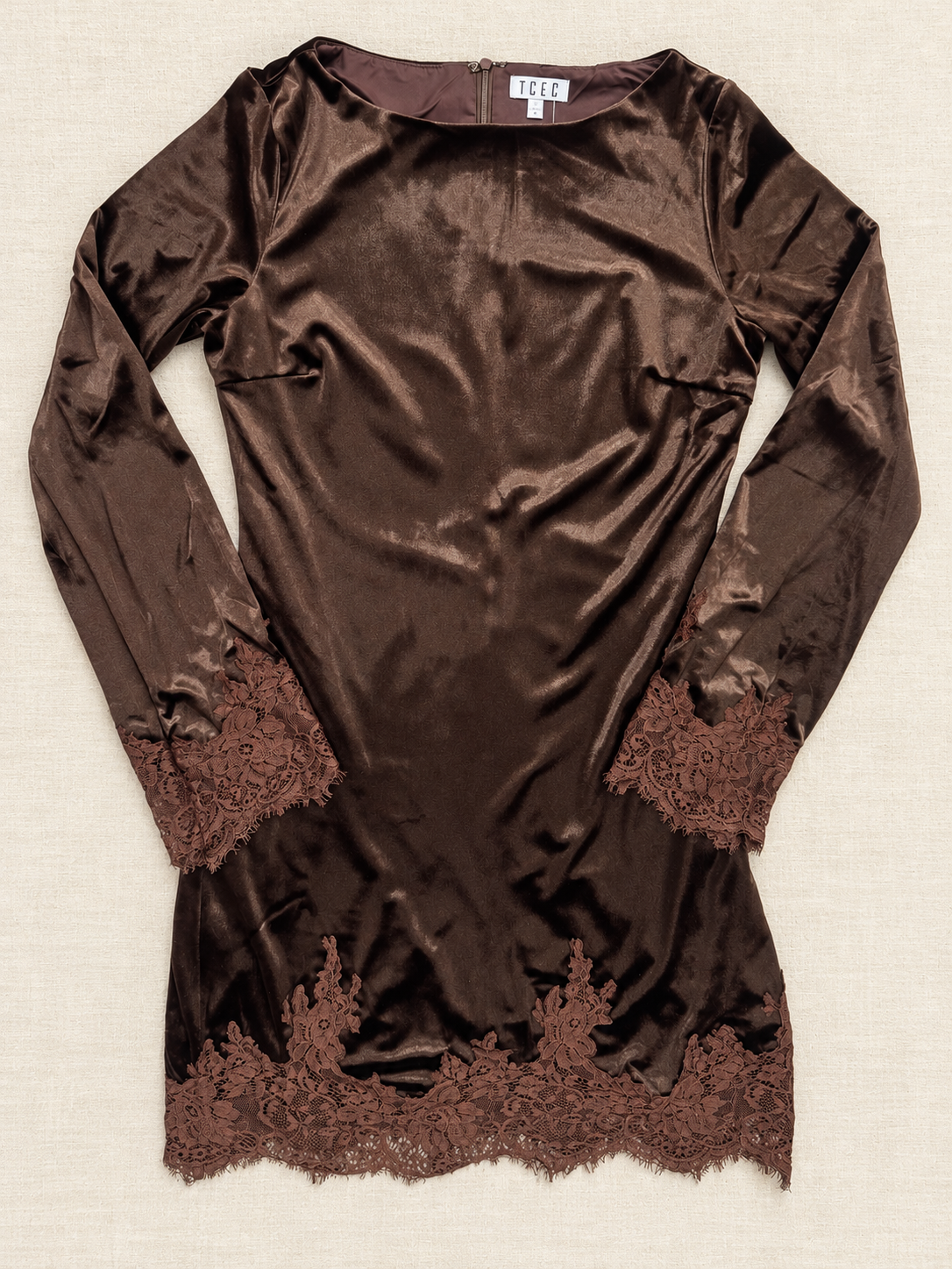 Stunning Brown Velvet Lace Trim Dress