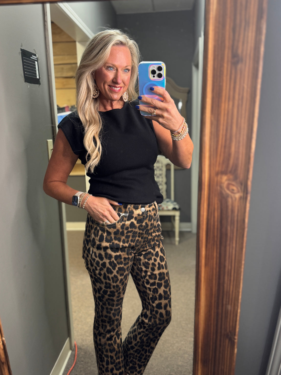 High Rise Leopard Print Kick Flare Jeans