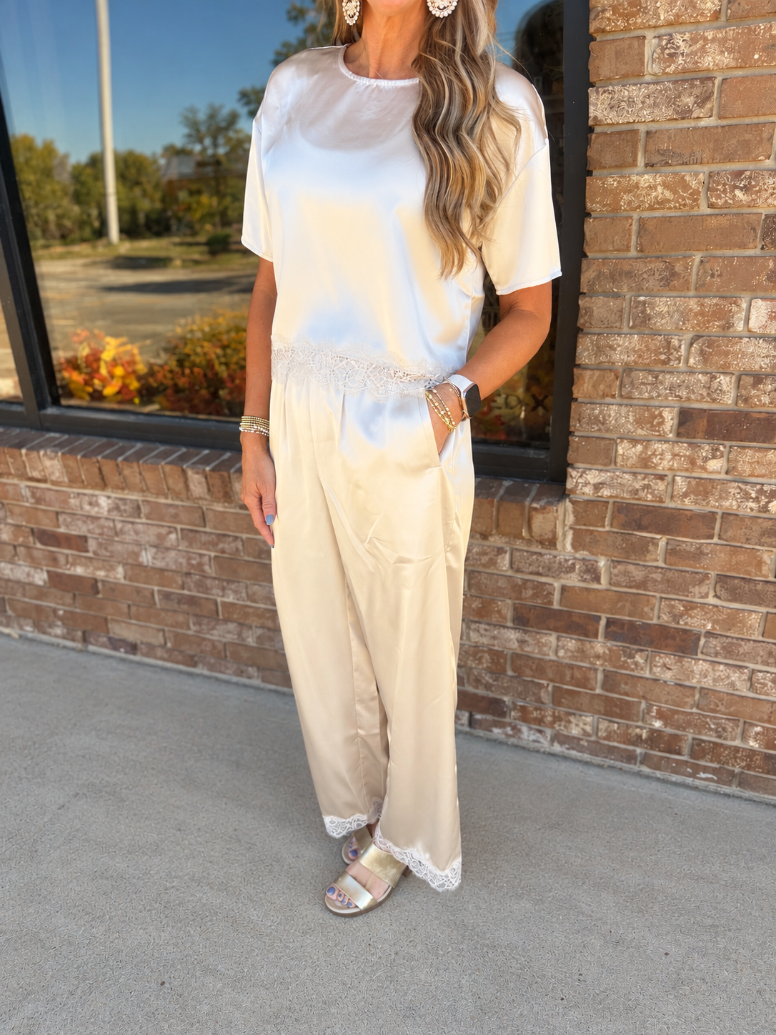 Lace Trim Satin Top And Pant set