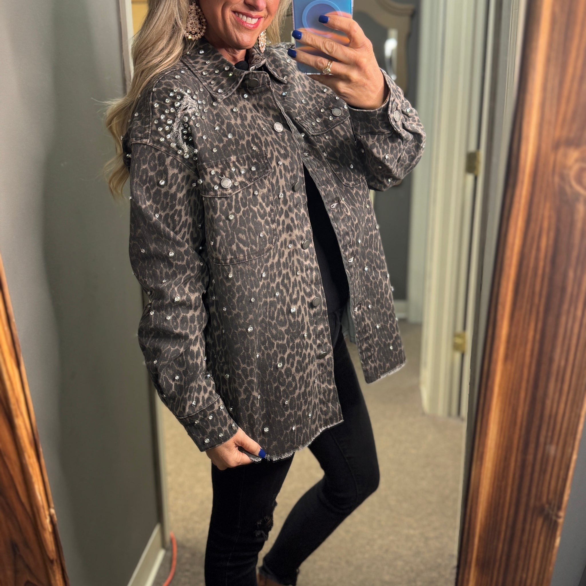 Leopard Rhinestone Denim Jacket