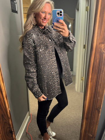 Leopard Rhinestone Denim Jacket