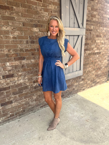 Blue Suede Pleated Waist Dress