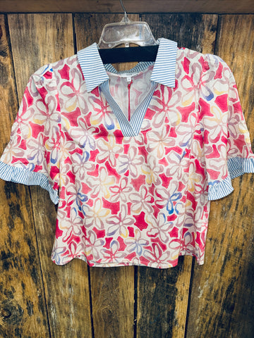 Collared Stripe Detail Floral Print Top