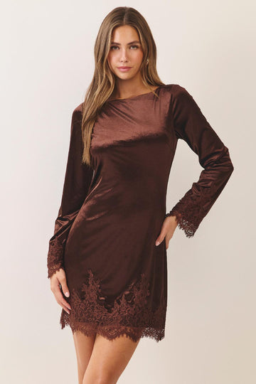 Stunning Brown Velvet Lace Trim Dress