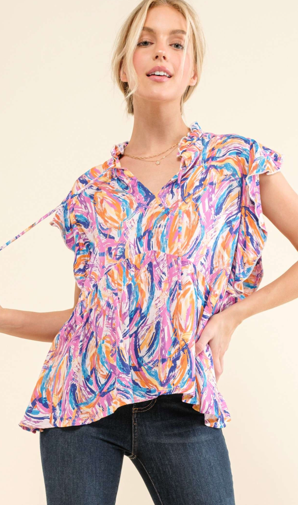 Ruffle Printed Baby Doll Top