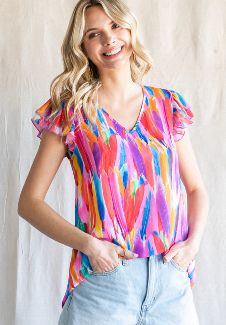 Multicolor V-Neck Ruffle Sleeve Top