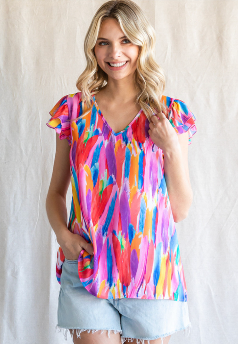 Multicolor V-Neck Ruffle Sleeve Top