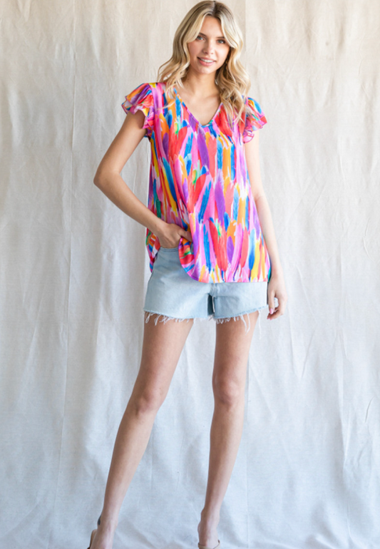 Multicolor V-Neck Ruffle Sleeve Top