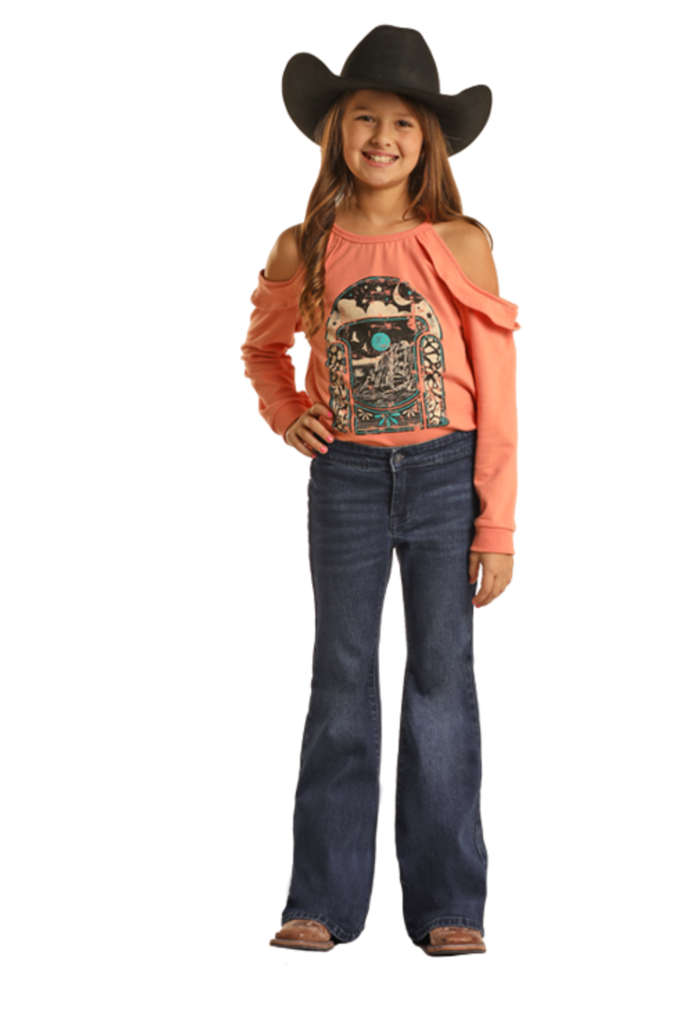 Girls Dark Wash Button Flare Jeans