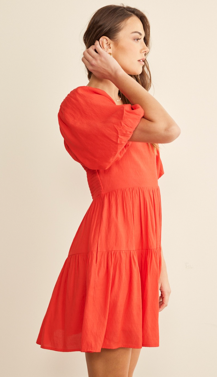 Bubble Sleeve Ruffle Dress