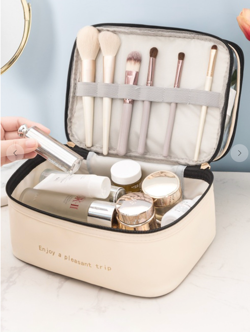 Beige Waterproof PVC Double-layer Cosmetic Bag