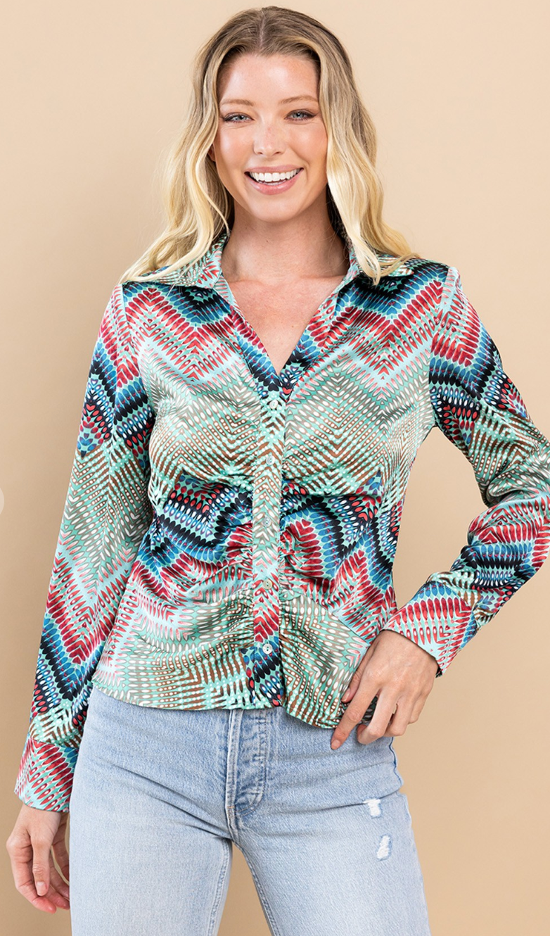 Dazzling Ruched Button Up Top