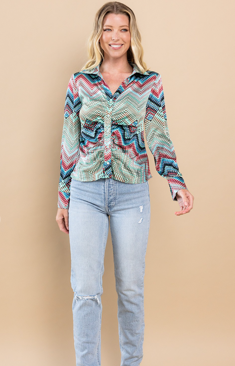 Dazzling Ruched Button Up Top