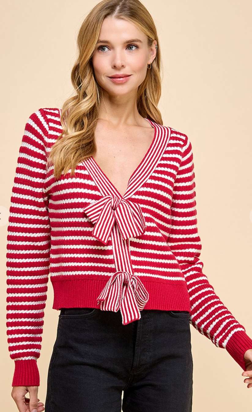 Classy Front Bow Detailed Striped Sweater