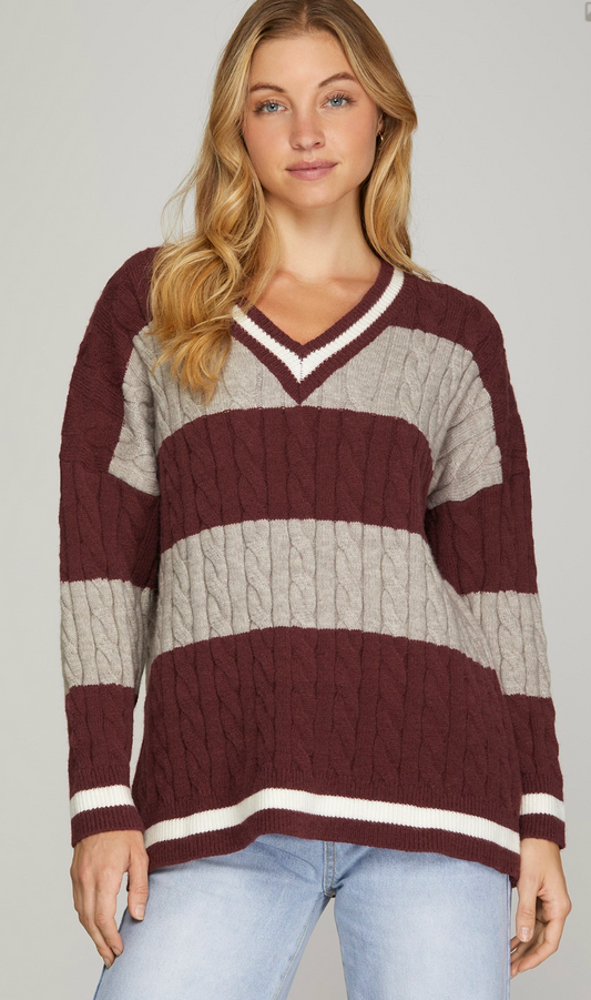 Game Day Stripe Cable Knit Sweater