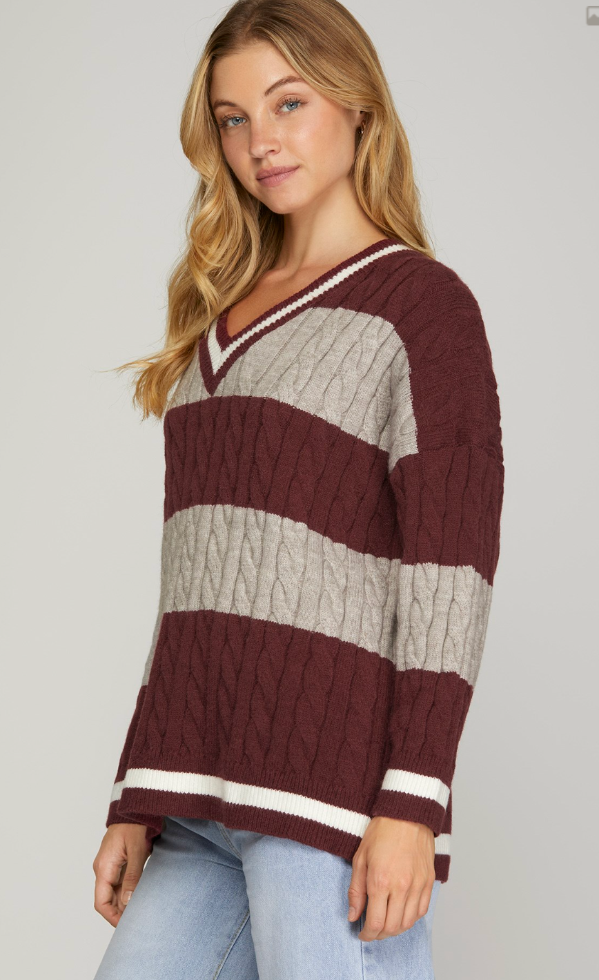 Game Day Stripe Cable Knit Sweater