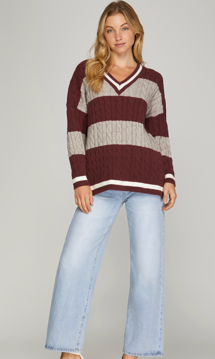 Game Day Stripe Cable Knit Sweater