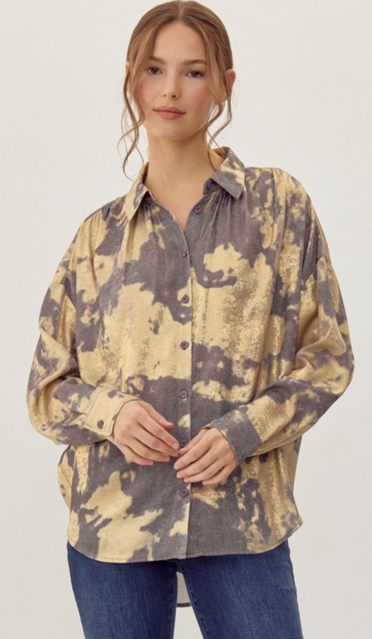 Golden Metallic Button-up Collar Top