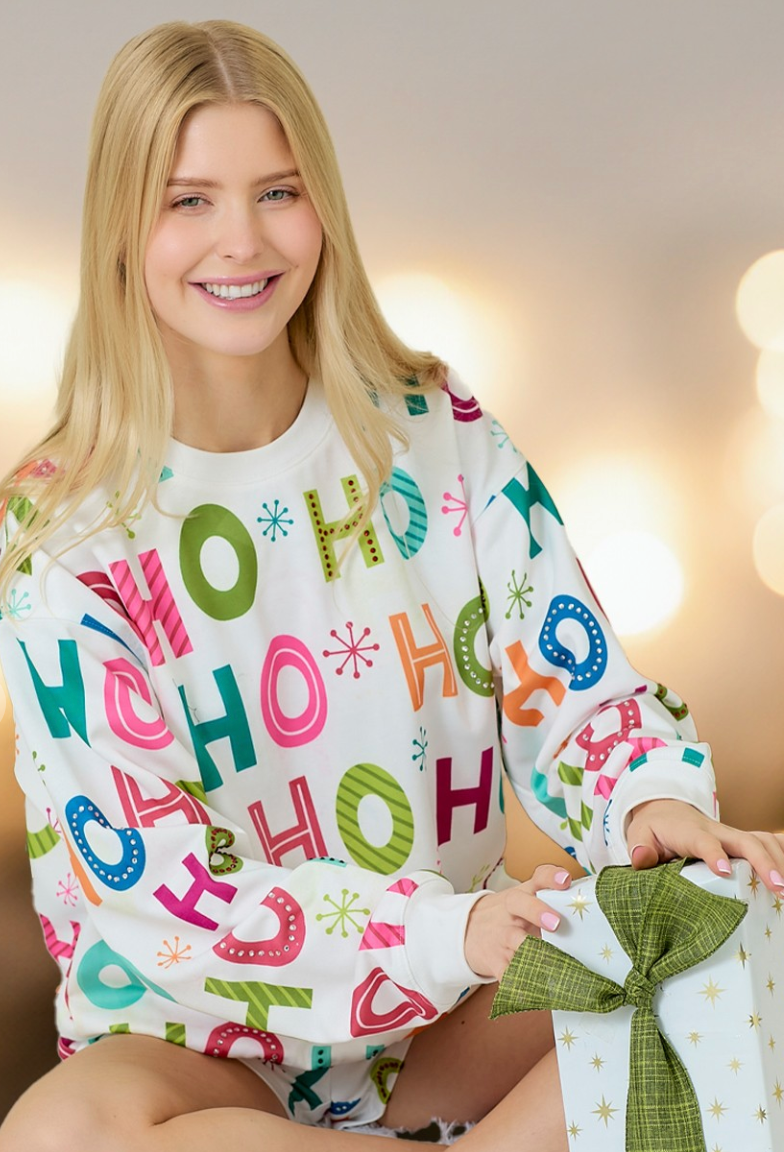 Holiday Printed Crewneck With Rhinestone