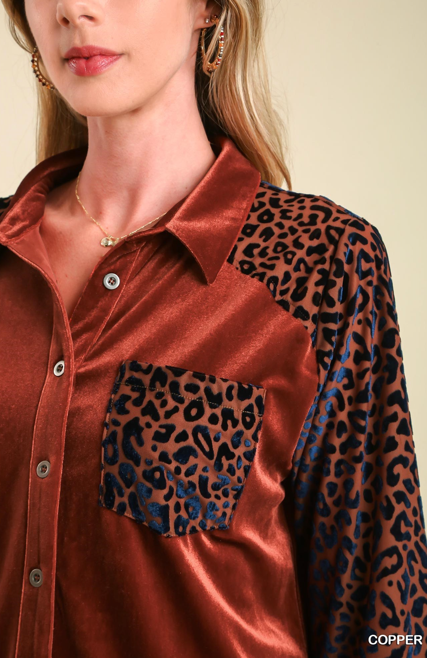 Animal Print Velvet Collared Top