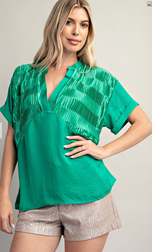 Silk V-Neck Mandarin Pleated Top