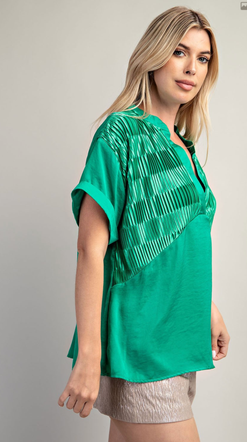 Silk V-Neck Mandarin Pleated Top