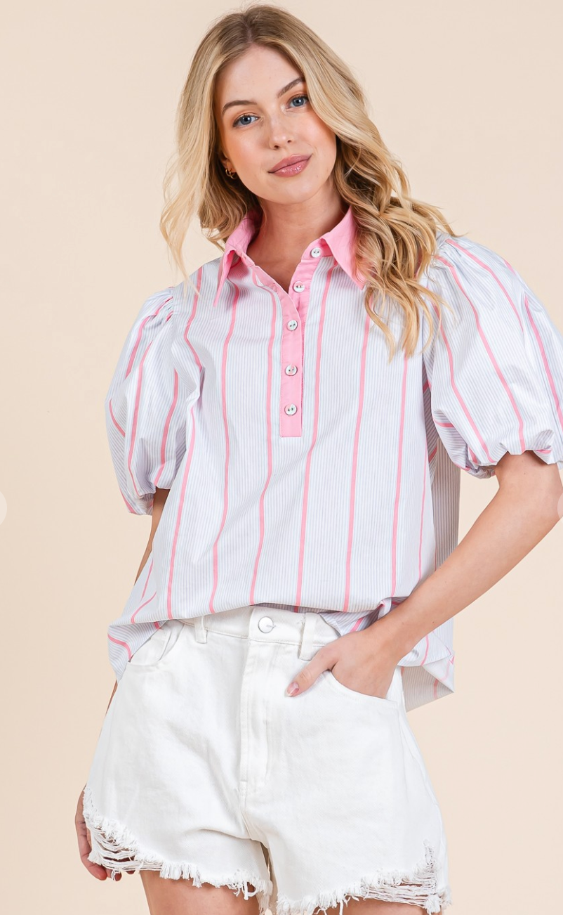 Striped Pattern Puff Sleeve Blouse