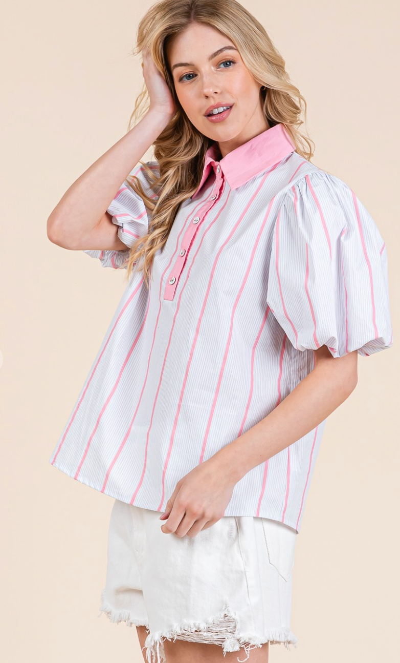 Striped Pattern Puff Sleeve Blouse