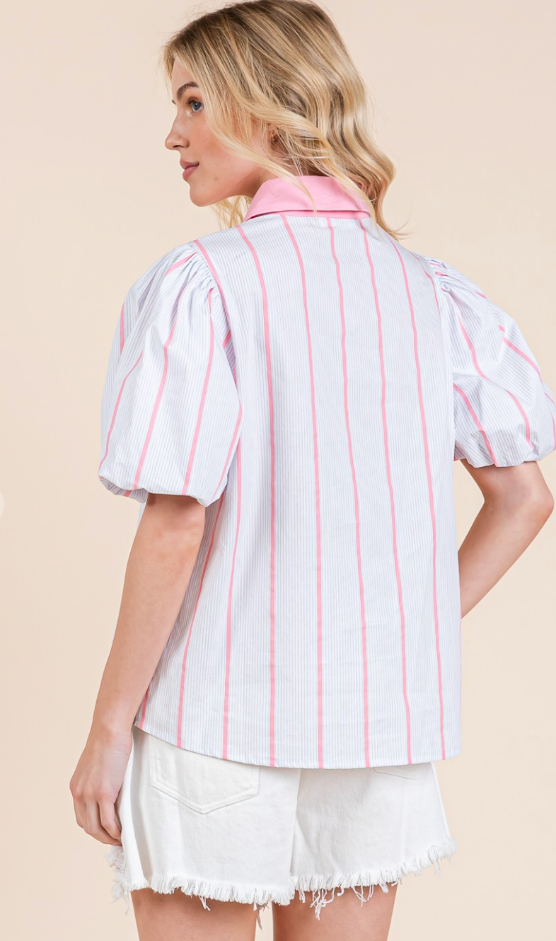 Striped Pattern Puff Sleeve Blouse