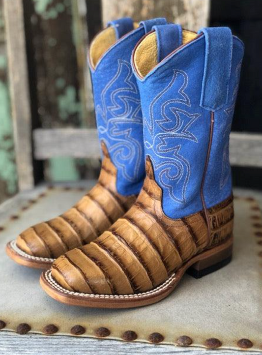 Horse Power Toasted Caiman Print & Royal Blue Square Toe Boots